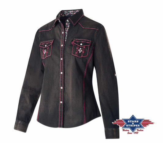Westernbluse Hope mit leichter Waschung, Stickerei, Ziernaht, Druckknöpfen