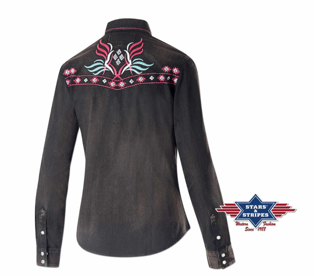 Westernbluse Hope mit leichter Waschung, Stickerei, Ziernaht, Druckknöpfen