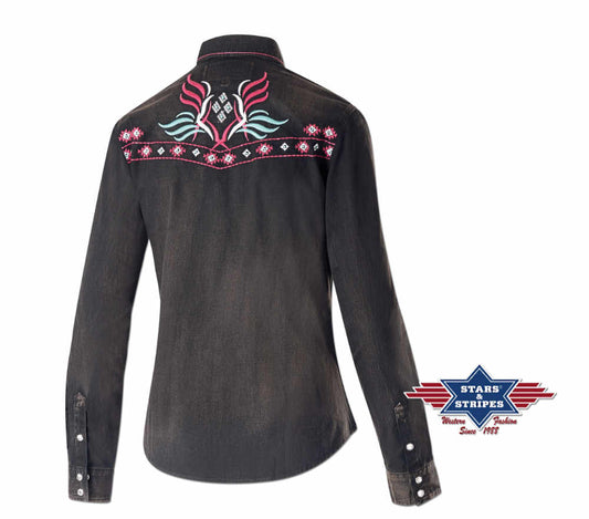 Westernbluse Hope mit leichter Waschung, Stickerei, Ziernaht, Druckknöpfen