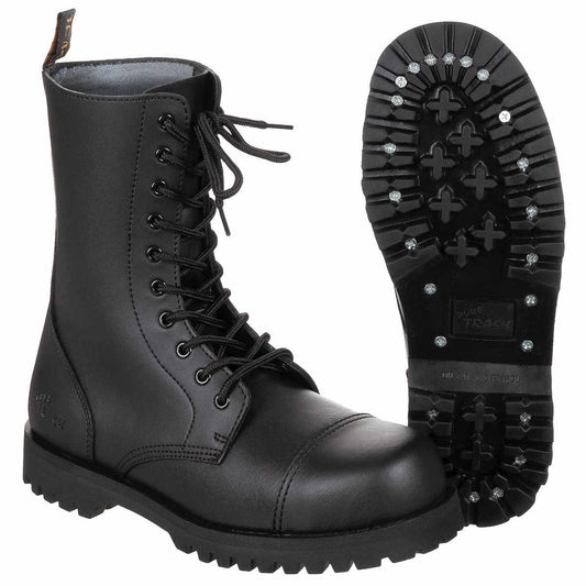 Stiefel 10-Loch Marke "Pure Trash" schwarz, Stahlkappe, Schrauben