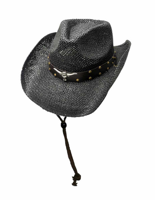Schwarzer Strohhut Cowboyhut Westernhut -Longhorn- Hutband