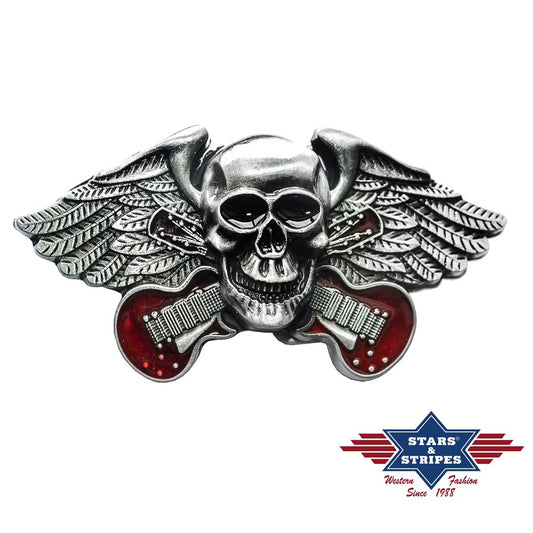 Gürtelschnalle, Buckle Motiv Skull, Flügel, Gitarre