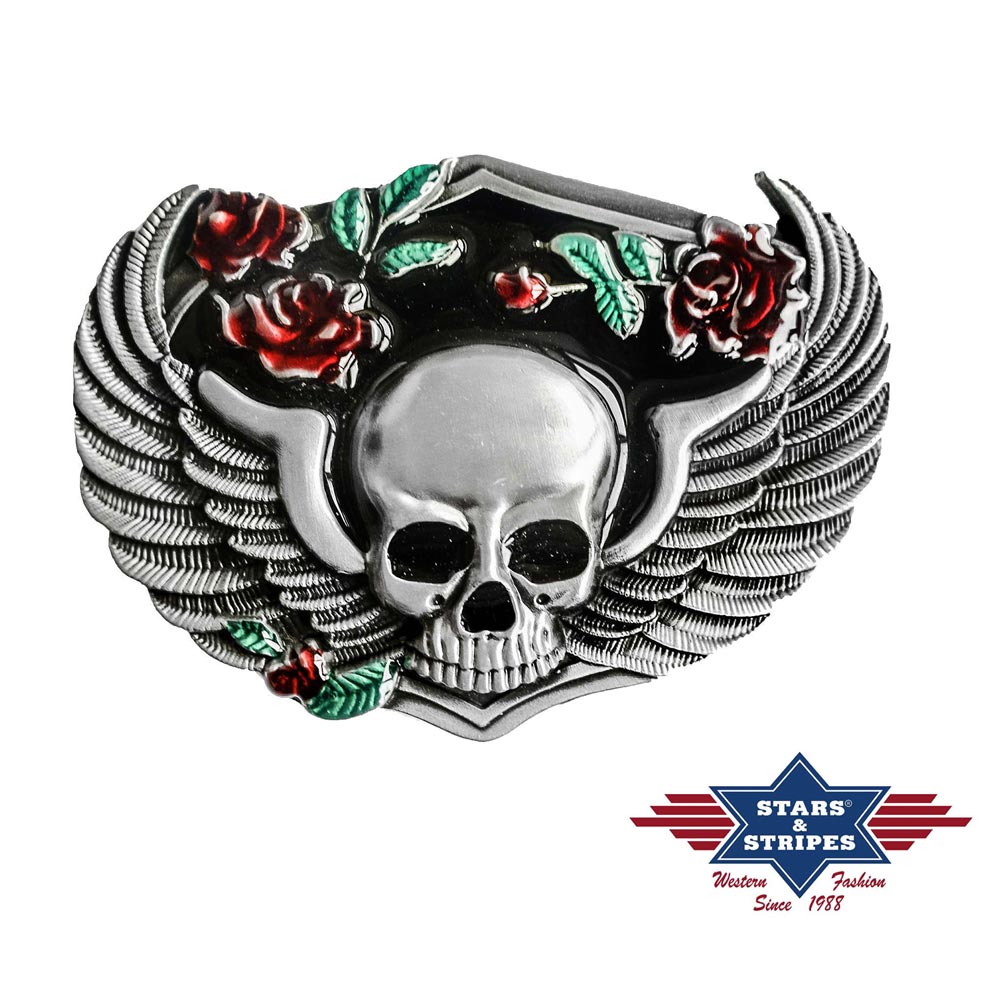 Gürtelschnalle, Buckle Motiv Skull Flügel