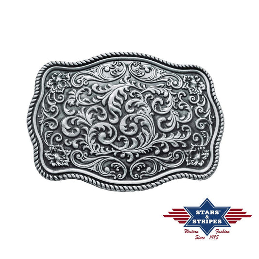 Gürtelschnalle, Buckle mit einem floralen Motiv, silberfarben