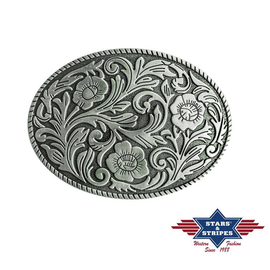 Gürtelschnalle, Buckle mit floralen Motiven, silberfarben