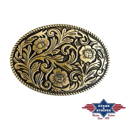 Gürtelschnalle, Buckle mit floralen Motiven, goldfarben