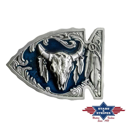 Gürtelschnalle, Buckle Motiv Stierkopf und Form einer Pfeilspitze