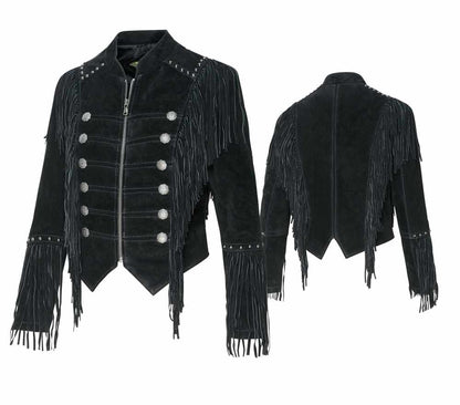 Schwarze Fransenjacke, Lederjacke Brianna im Military-Look