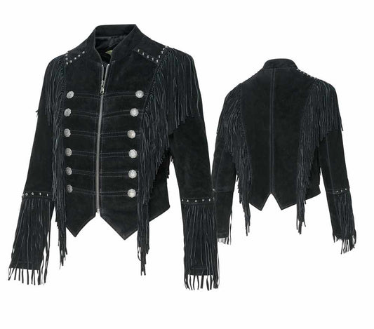 Schwarze Fransenjacke, Lederjacke Brianna im Military-Look