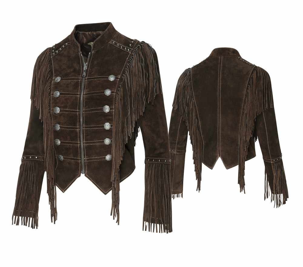 Braune Fransenjacke, Lederjacke Brianna im Military-Look