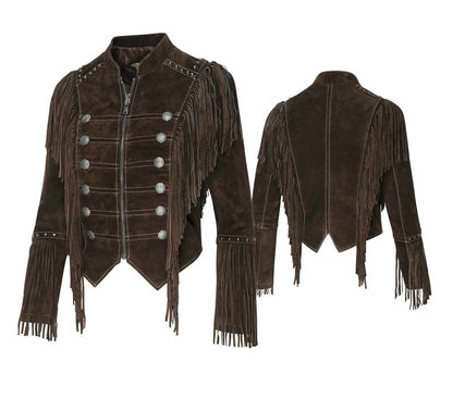 Braune Fransenjacke, Lederjacke Brianna im Military-Look