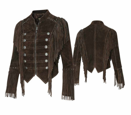 Braune Fransenjacke, Lederjacke Brianna im Military-Look