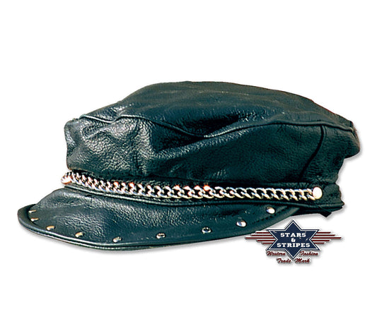 Biker Ledercap Mütze Schirmmütze mit Kette/Nieten
