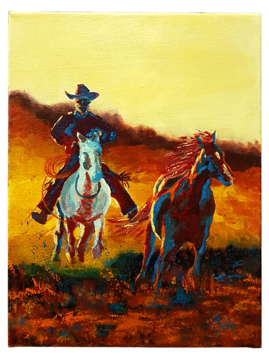 Cowboy Pferde Natur Landschaft - Handgemaltes Acrylgemälde