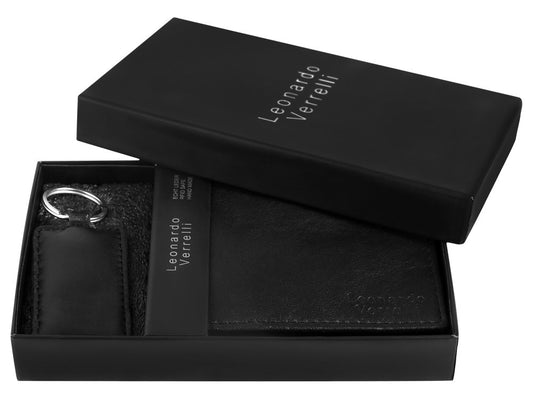 Leonardo Verrelli Geschenkset mit Geldbörse und Schlüsselanhänger aus Leder, schwarz