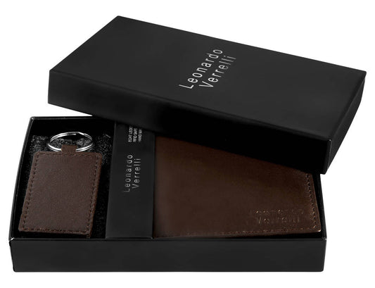 Leonardo Verrelli Geschenkset mit Geldbörse und Schlüsselanhänger aus Leder, braun