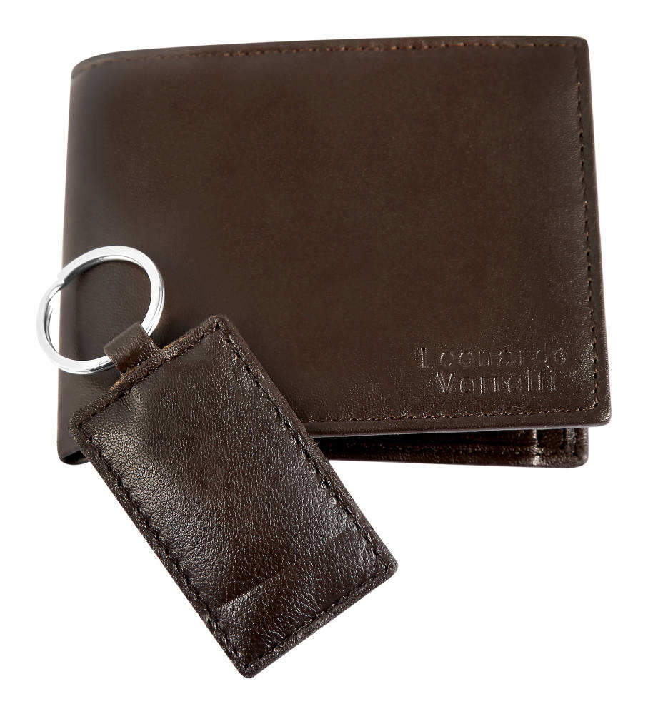 Leonardo Verrelli Geschenkset mit Geldbörse und Schlüsselanhänger aus Leder, braun
