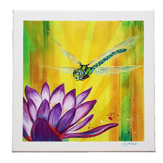 Original Acryl Gemälde Leinwandbild Libelle und Seerose, signiert 40x40cm