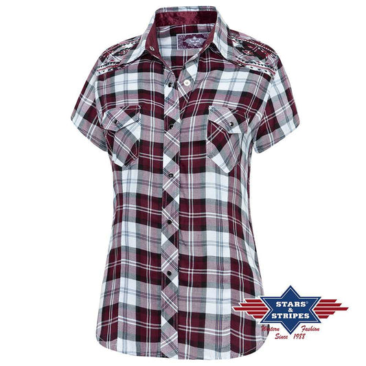 Kurzarm Damenbluse, Westernbluse Karobluse Pasadena mit Stickerei
