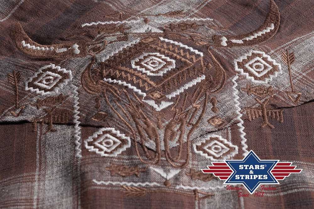 Damenbluse, Westernbluse Karobluse Cate mit Stickerei im Azteken-Look