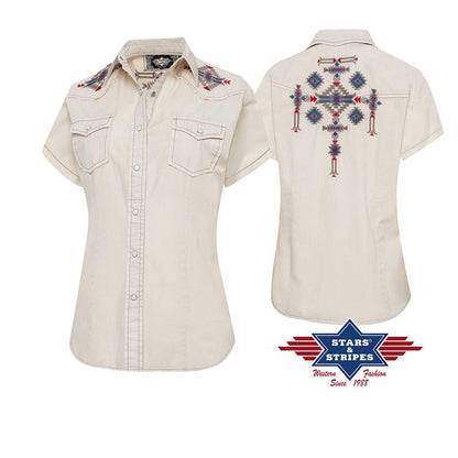 Westernbluse, Damenbluse Betty mit Stickerei im Azteken Look