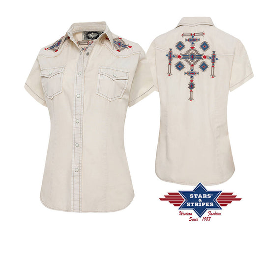 Westernbluse, Damenbluse Betty mit Stickerei im Azteken Look