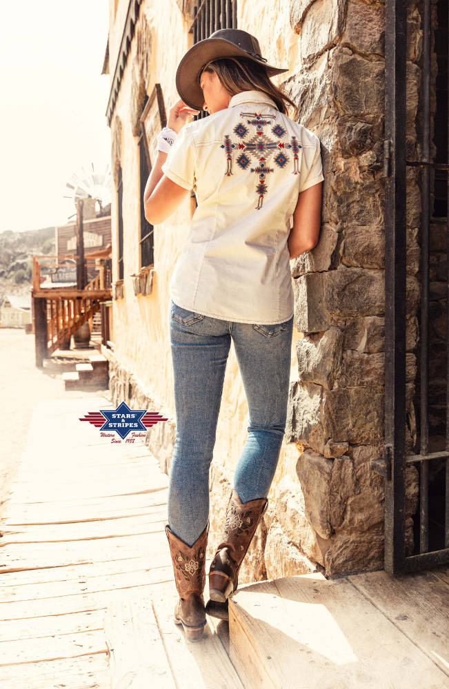 Westernbluse, Damenbluse Betty mit Stickerei im Azteken Look