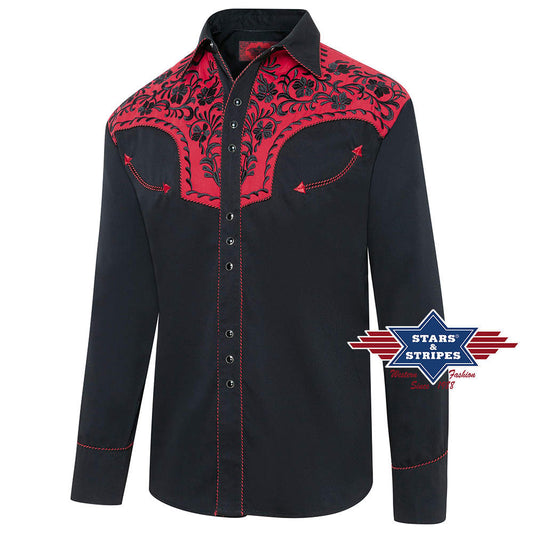 Exquisites schwarzes Westernhemd mit roter Westernpasse