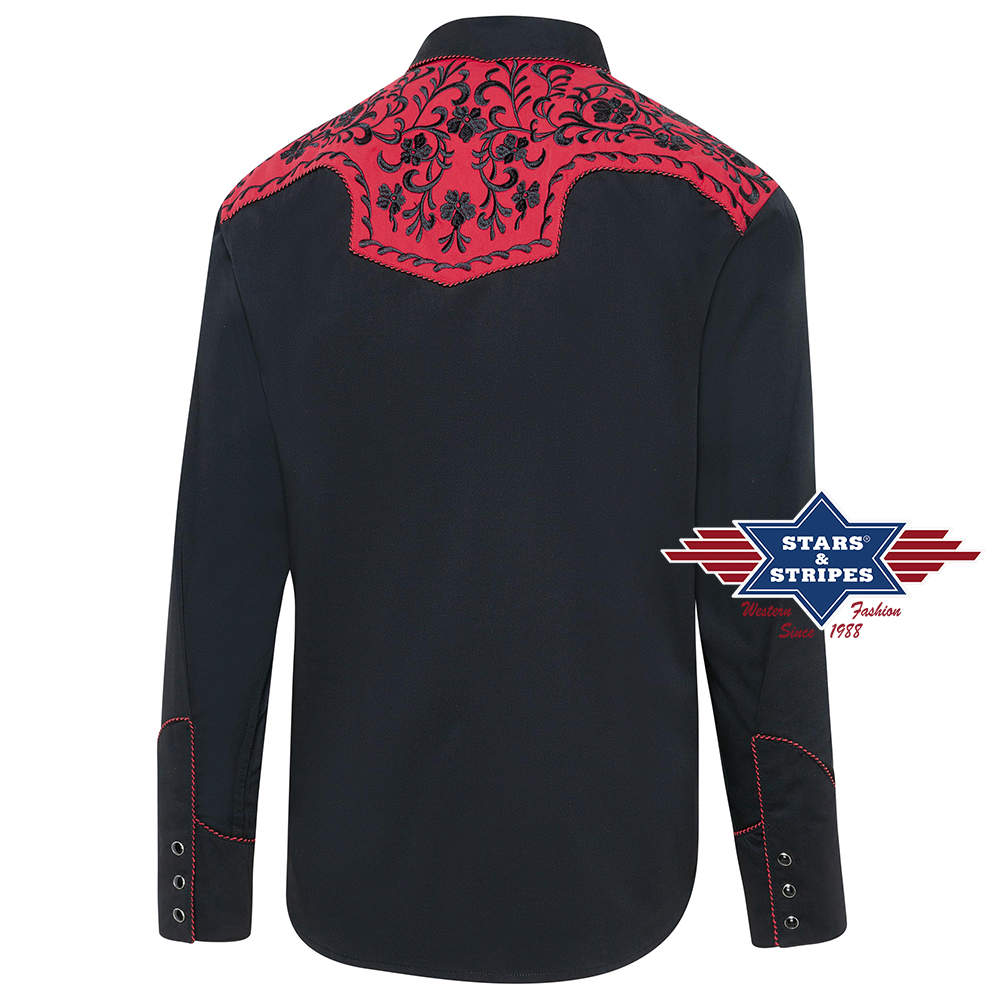 Exquisites schwarzes Westernhemd mit roter Westernpasse