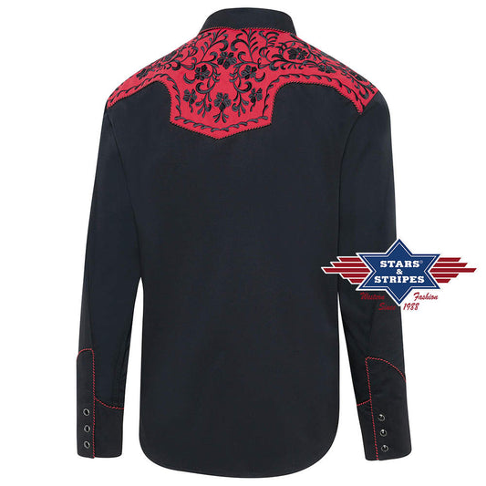 Exquisites schwarzes Westernhemd mit roter Westernpasse