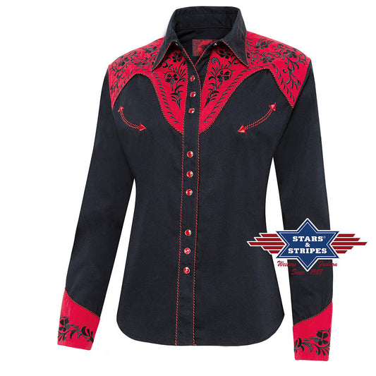 Exquisite schwarze Westernbluse Dolly mit roter Westernpasse