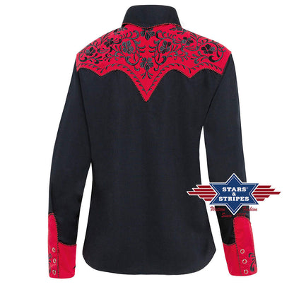 Exquisite schwarze Westernbluse Dolly mit roter Westernpasse