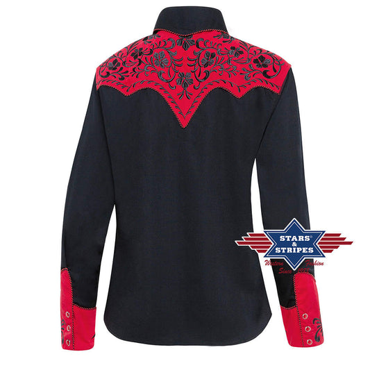 Exquisite schwarze Westernbluse Dolly mit roter Westernpasse