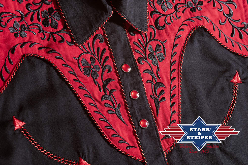 Exquisite schwarze Westernbluse Dolly mit roter Westernpasse
