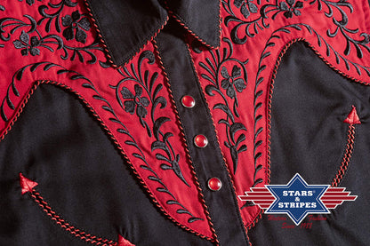 Exquisite schwarze Westernbluse Dolly mit roter Westernpasse