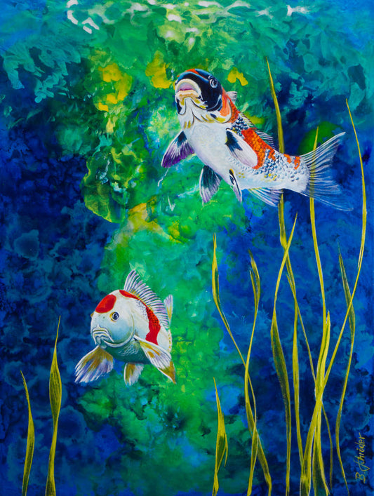 Original Acrylgemälde, Koifische Koifischteich Koi Karpfen 60x80cm