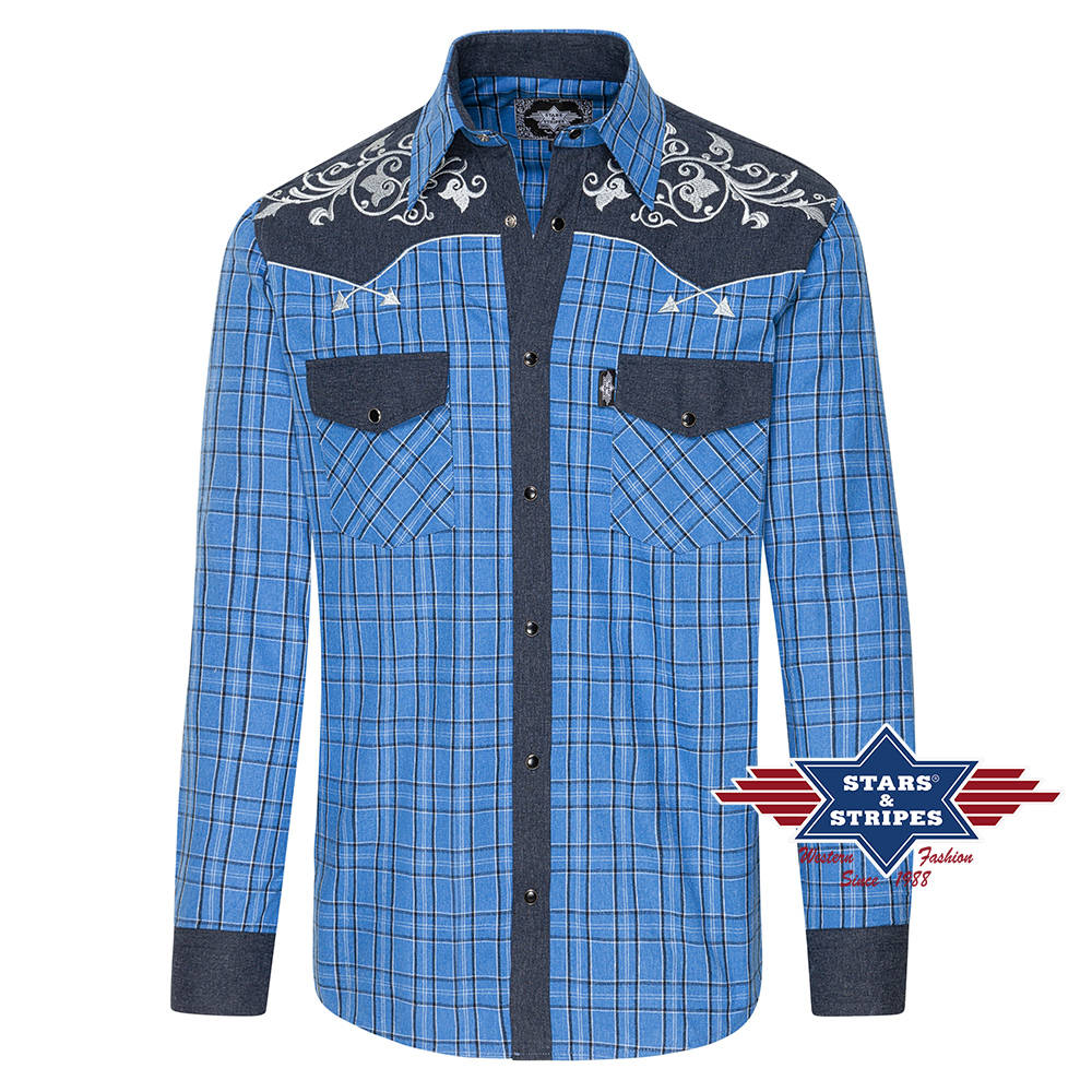 Blau kariertes Westernhemd Finley mit bestickter Westernpasse