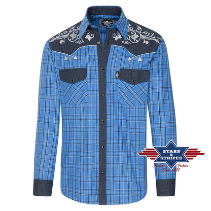 Blau kariertes Westernhemd Finley mit bestickter Westernpasse
