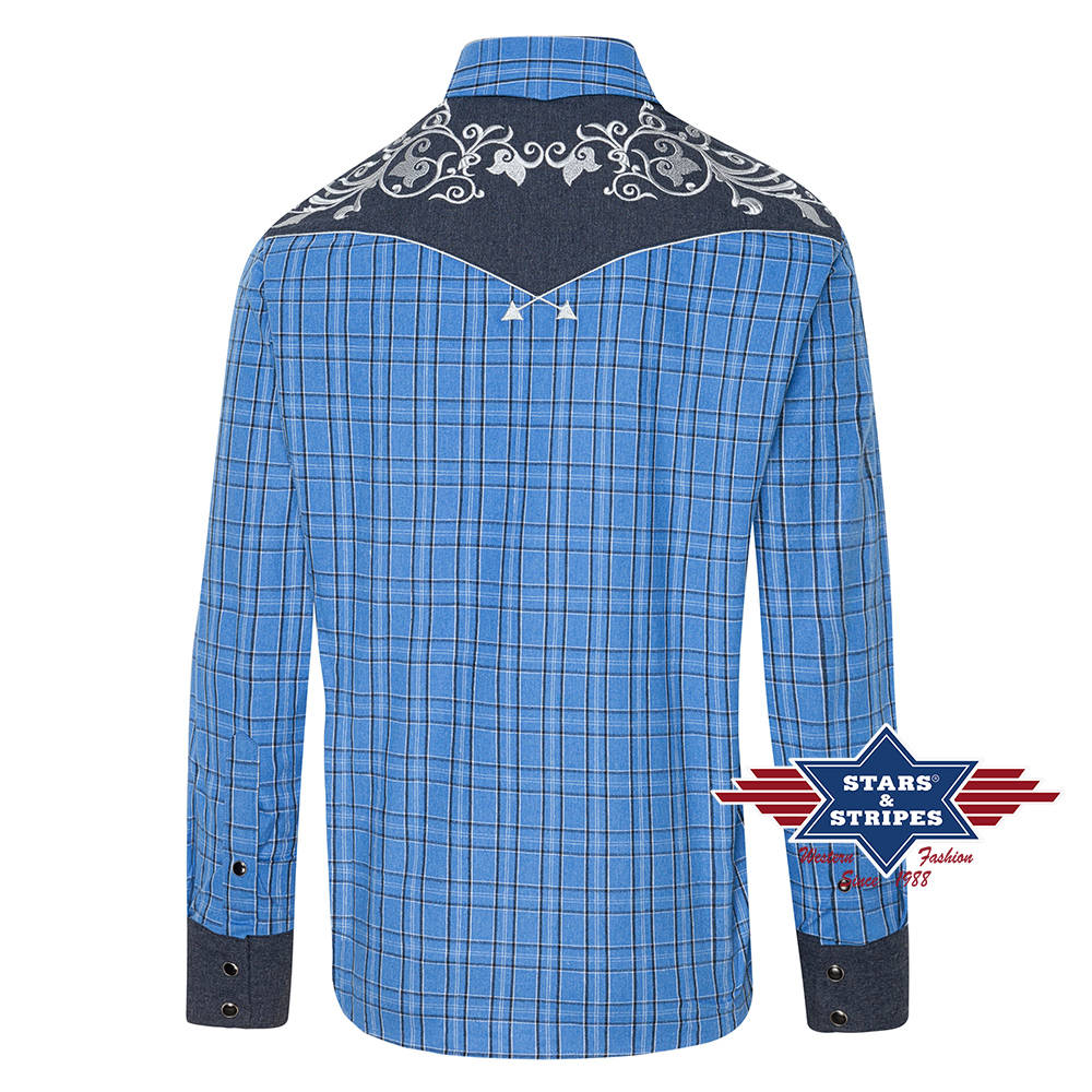 Blau kariertes Westernhemd Finley mit bestickter Westernpasse