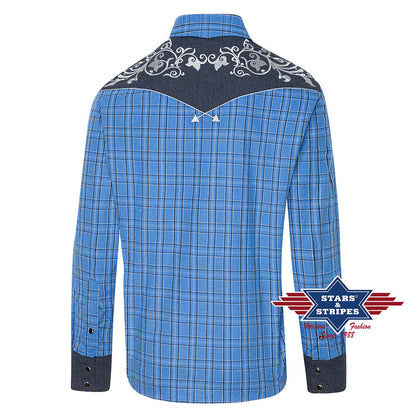 Blau kariertes Westernhemd Finley mit bestickter Westernpasse