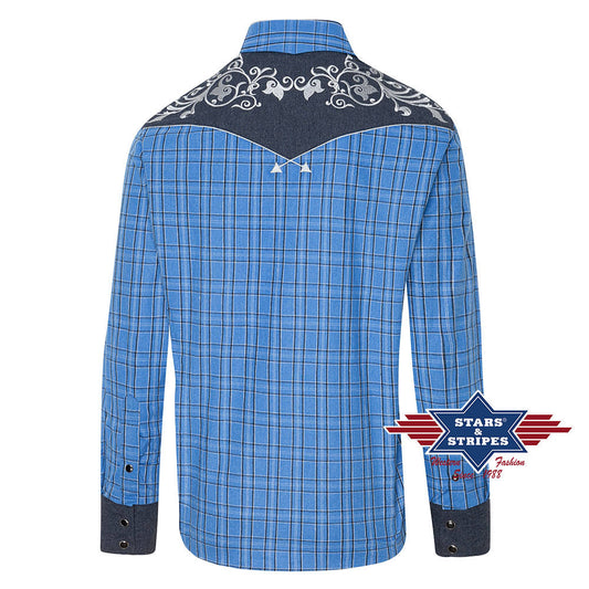 Blau kariertes Westernhemd Finley mit bestickter Westernpasse