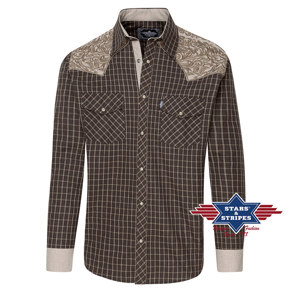 Kariertes Westernhemd -Roger beige- mit bestickter Westernpasse