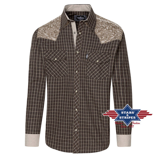 Kariertes Westernhemd -Roger beige- mit bestickter Westernpasse