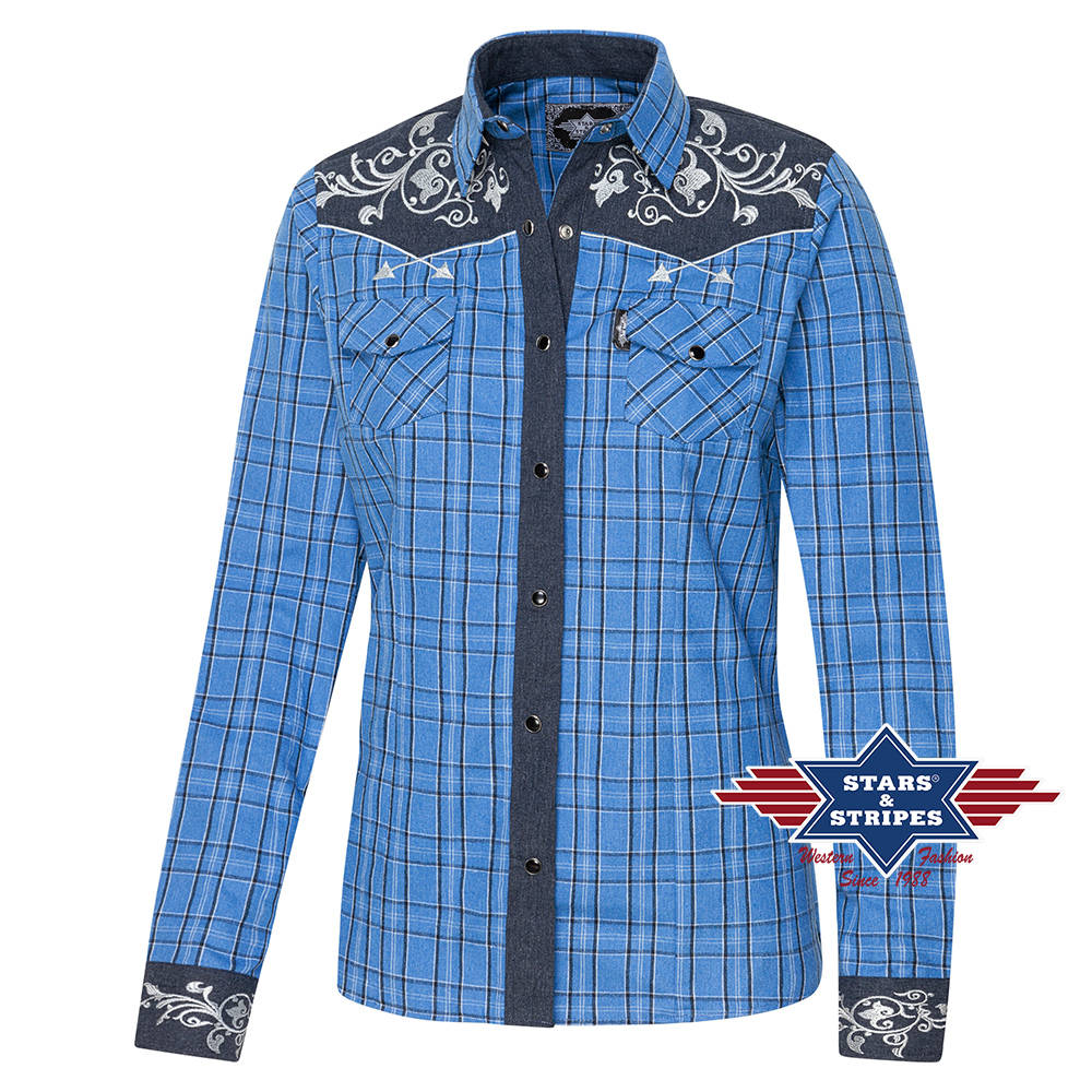 Karierte Westernbluse Laura mit bestickter Westernpasse