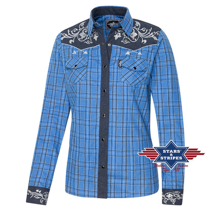 Karierte Westernbluse Laura mit bestickter Westernpasse