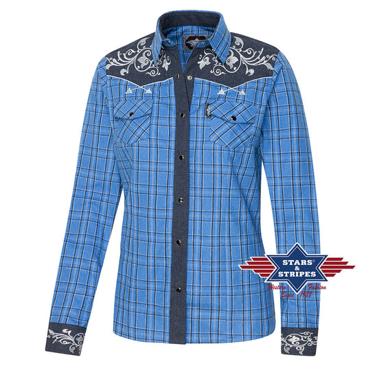 Karierte Westernbluse Laura mit bestickter Westernpasse