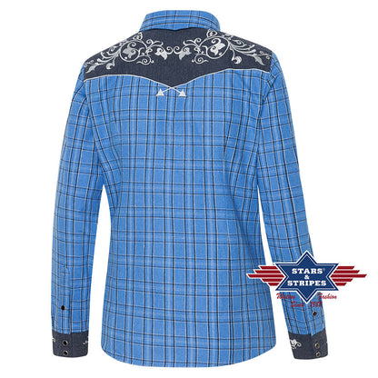 Karierte Westernbluse Laura mit bestickter Westernpasse