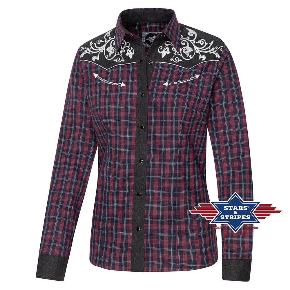 Karierte Westernbluse Abby mit bestickter Westernpasse