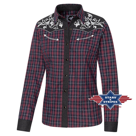 Karierte Westernbluse Abby mit bestickter Westernpasse