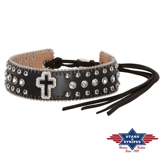 Dekoratives schwarzes Hutband mit einem strassbesetztem Kreuz